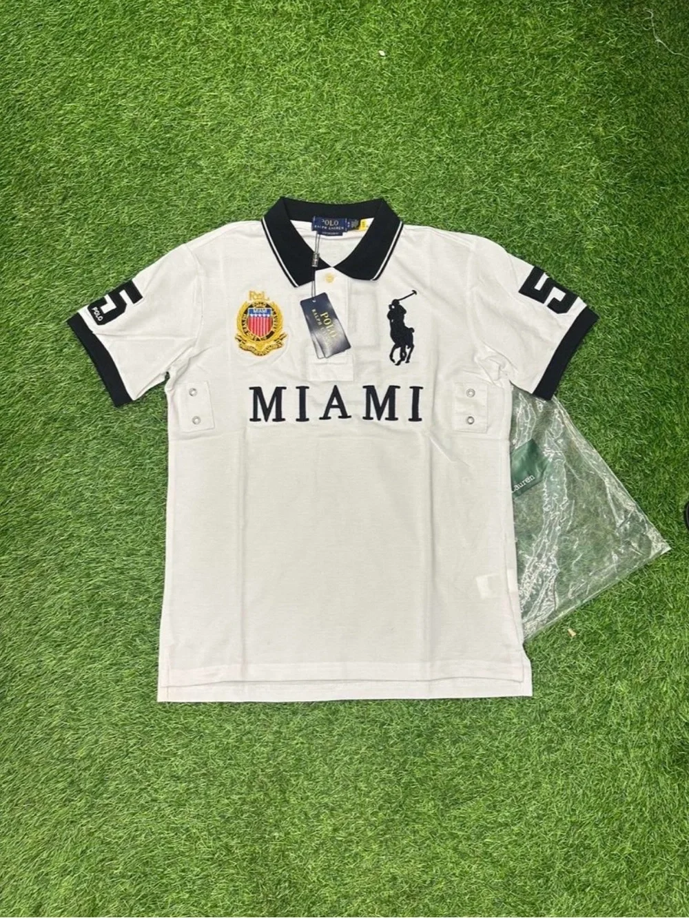 Ralph Lauren White Polo Shirt with Navy Trim and Miami Crest